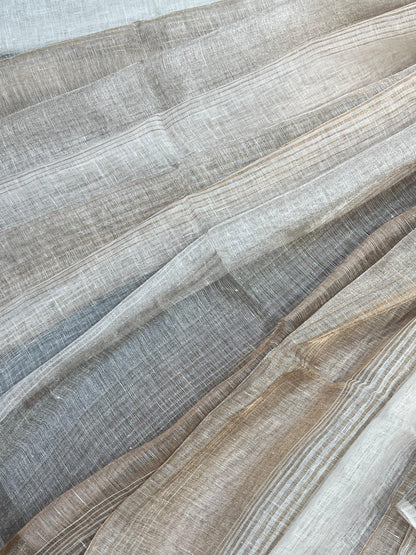 IVORY PURE HANDLOOM LINEN TISSUE STRIPES SAREE