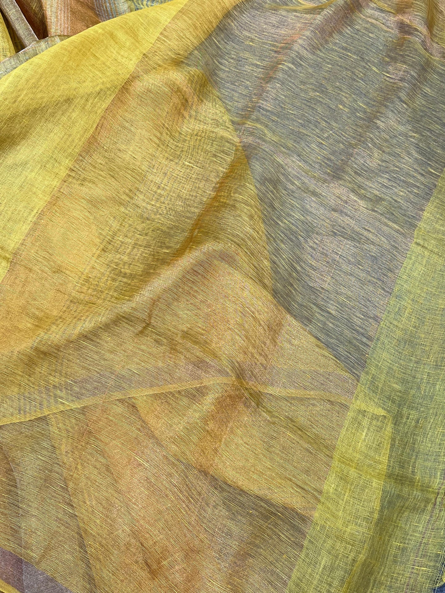 YELLOW PURE HANDLOOM LINEN TISSUE STRIPES SAREE