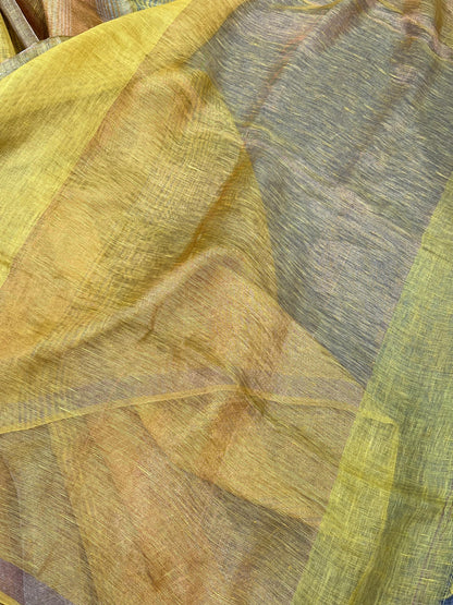 YELLOW PURE HANDLOOM LINEN TISSUE STRIPES SAREE