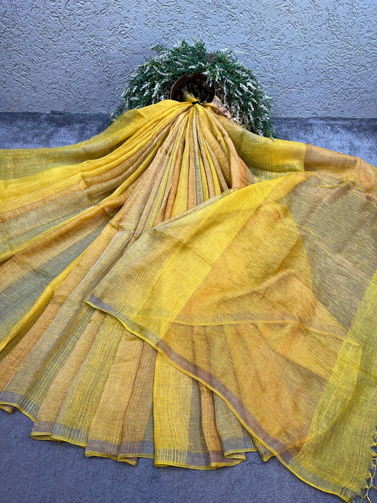YELLOW PURE HANDLOOM LINEN TISSUE STRIPES SAREE