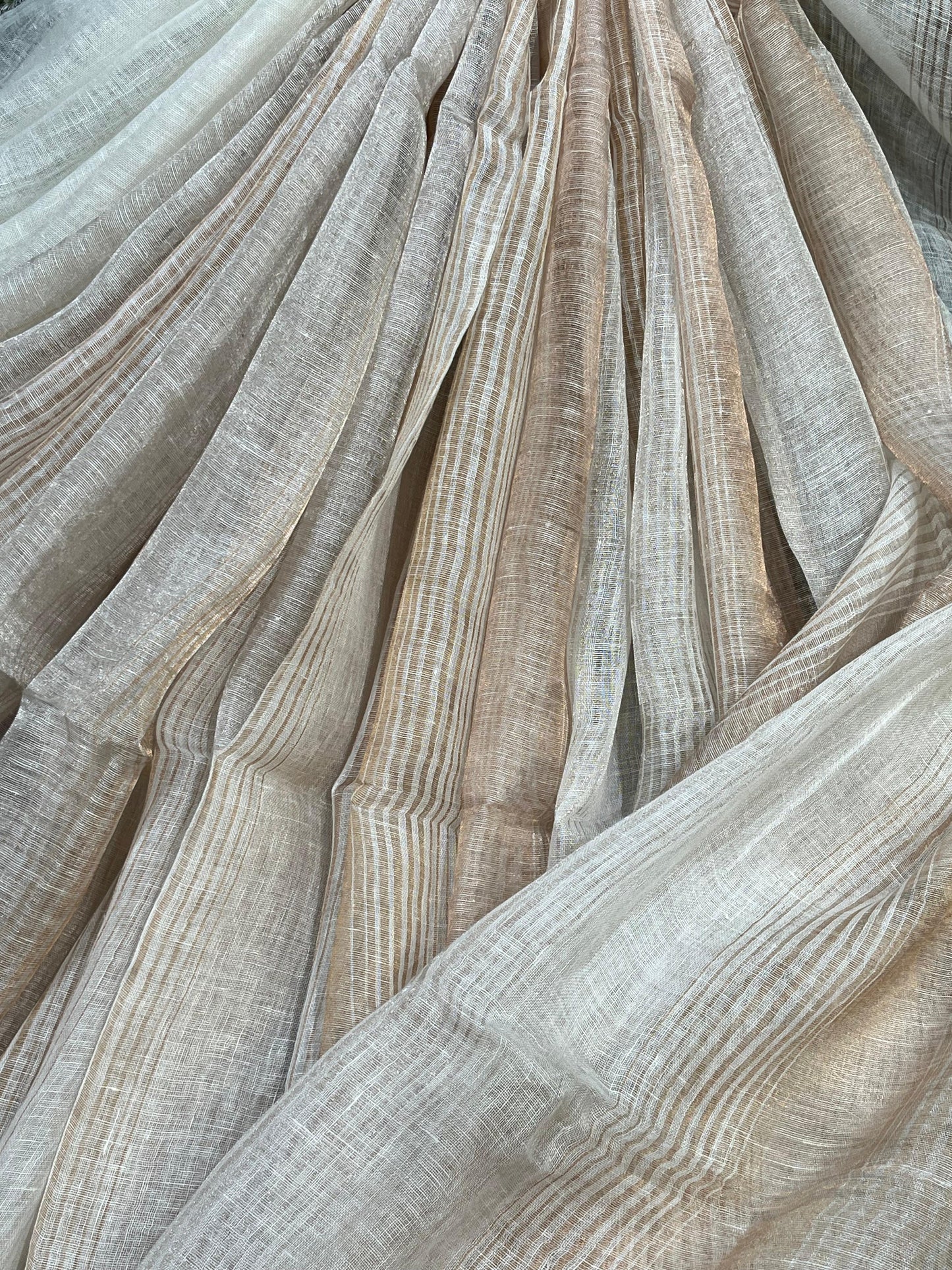 IVORY PURE HANDLOOM LINEN TISSUE STRIPES SAREE