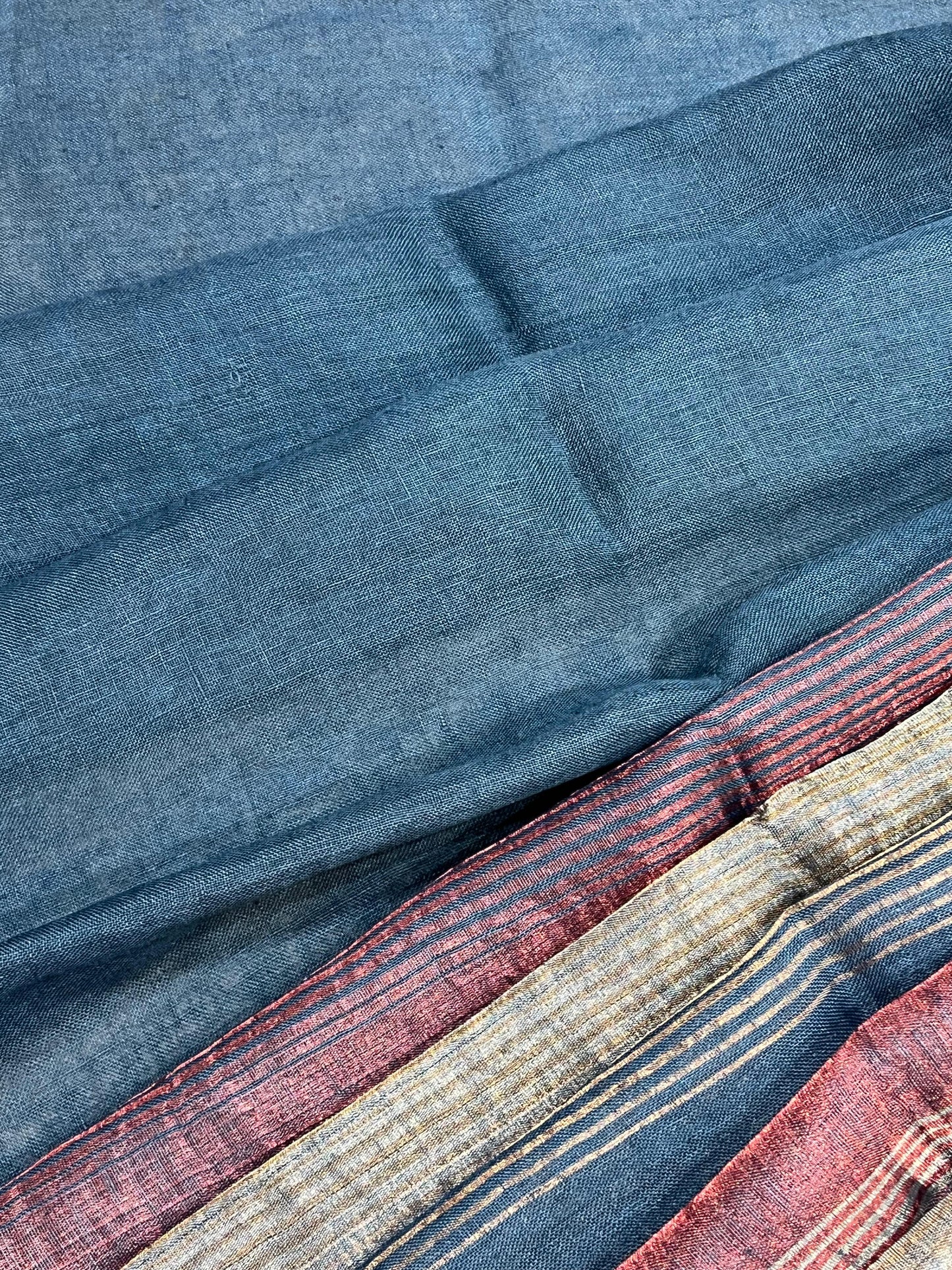TEAL BLUE PURE HANDLOOM LINEN TISSUE STRIPES SAREE