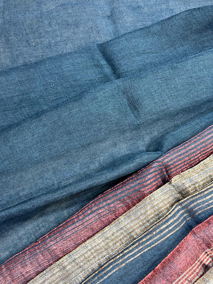TEAL BLUE PURE HANDLOOM LINEN TISSUE STRIPES SAREE