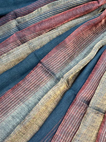 TEAL BLUE PURE HANDLOOM LINEN TISSUE STRIPES SAREE