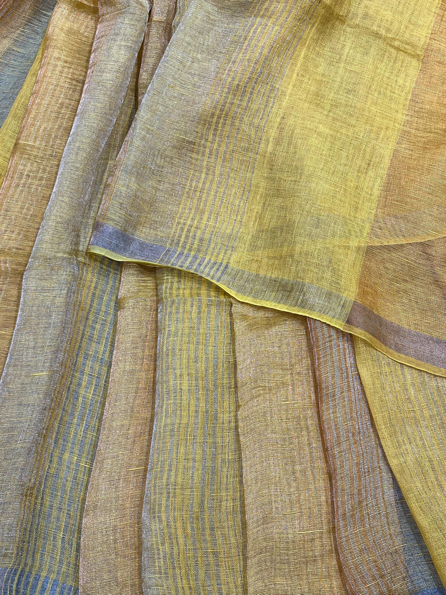 YELLOW PURE HANDLOOM LINEN TISSUE STRIPES SAREE