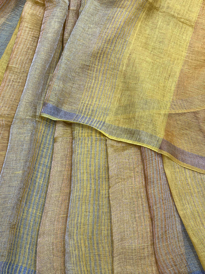 YELLOW PURE HANDLOOM LINEN TISSUE STRIPES SAREE