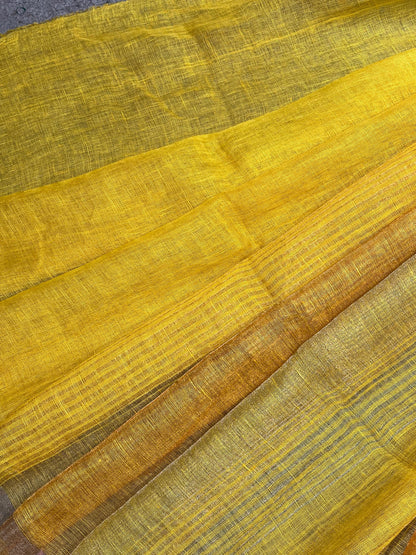 YELLOW PURE HANDLOOM LINEN TISSUE STRIPES SAREE