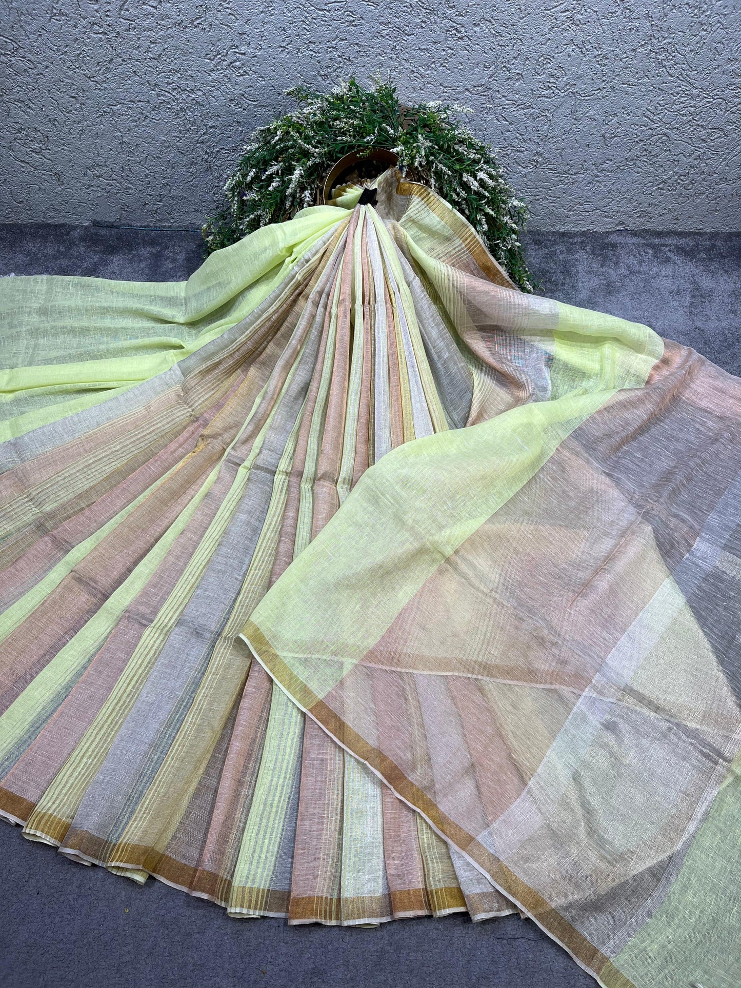 LIME GREEN PURE HANDLOOM LINEN TISSUE STRIPES SAREE