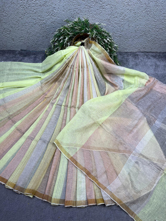 LIME GREEN PURE HANDLOOM LINEN TISSUE STRIPES SAREE
