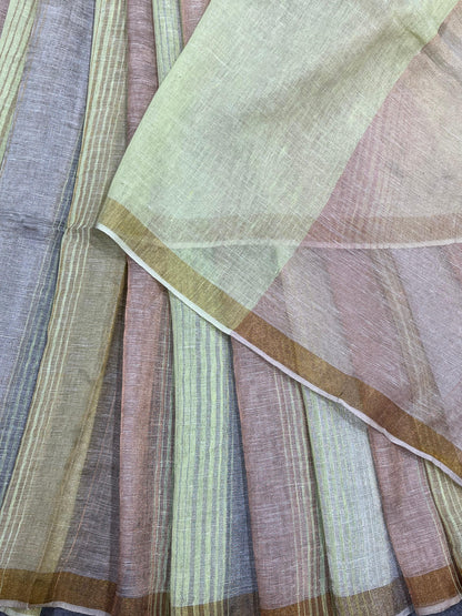 LIME GREEN PURE HANDLOOM LINEN TISSUE STRIPES SAREE