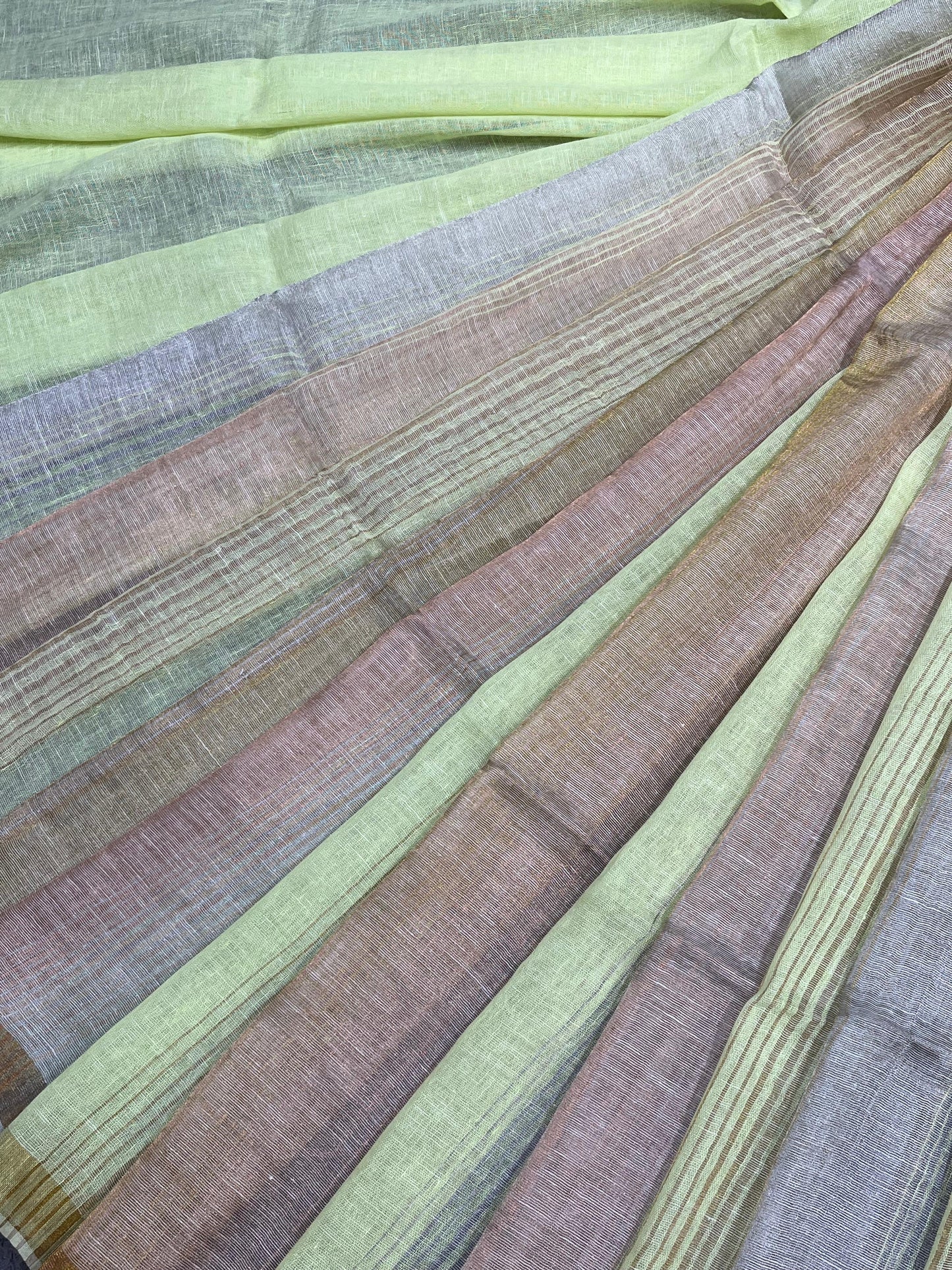 LIME GREEN PURE HANDLOOM LINEN TISSUE STRIPES SAREE