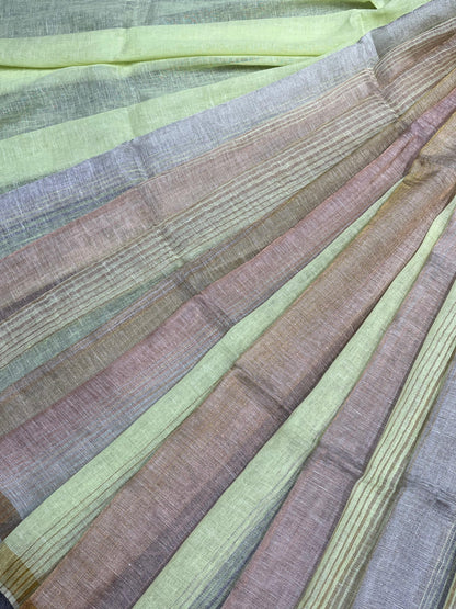 LIME GREEN PURE HANDLOOM LINEN TISSUE STRIPES SAREE