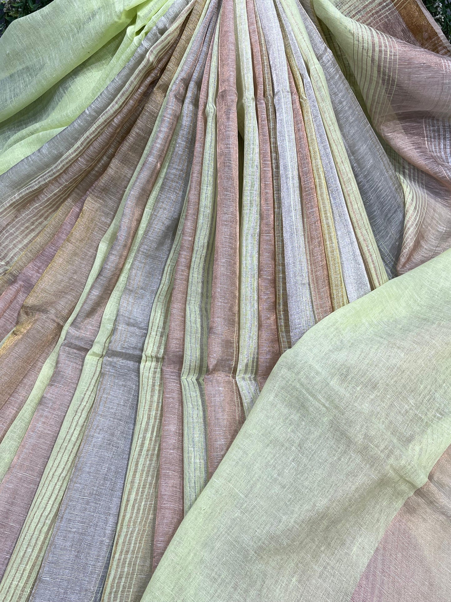 LIME GREEN PURE HANDLOOM LINEN TISSUE STRIPES SAREE