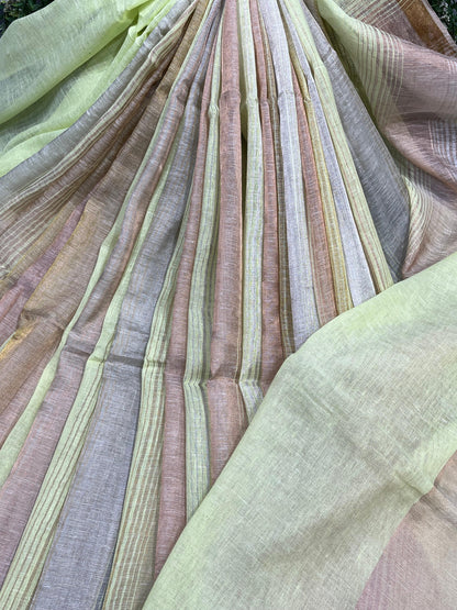 LIME GREEN PURE HANDLOOM LINEN TISSUE STRIPES SAREE
