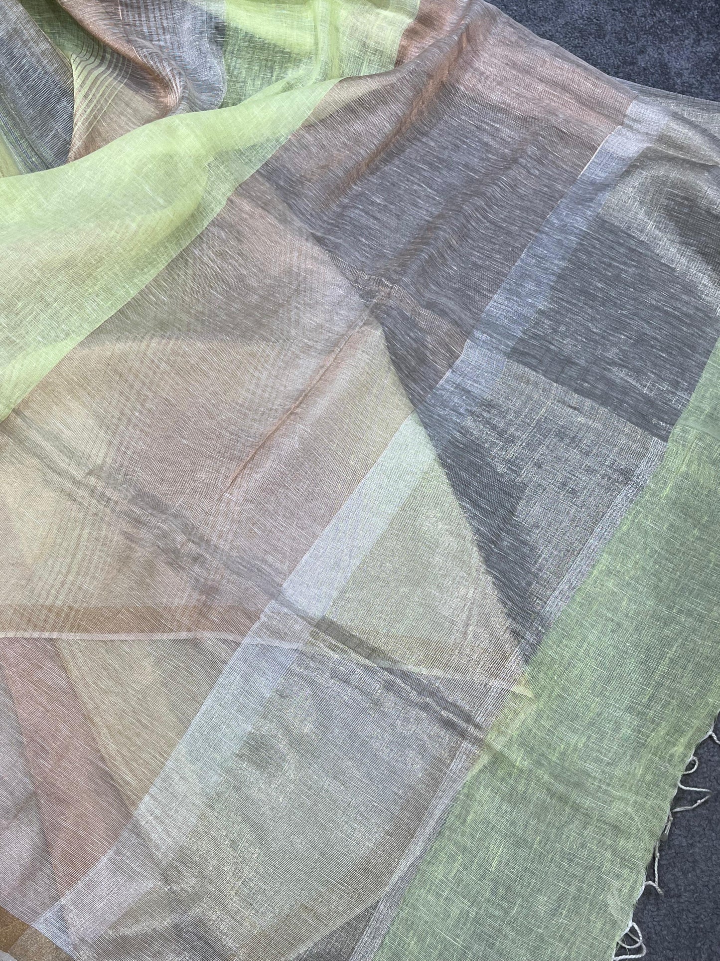 LIME GREEN PURE HANDLOOM LINEN TISSUE STRIPES SAREE