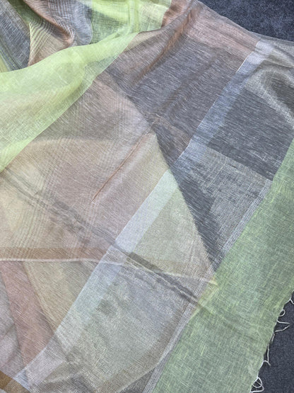LIME GREEN PURE HANDLOOM LINEN TISSUE STRIPES SAREE