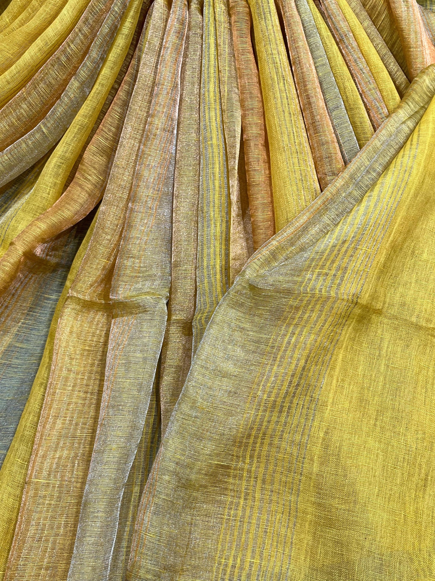 YELLOW PURE HANDLOOM LINEN TISSUE STRIPES SAREE