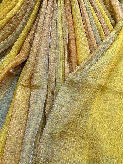 YELLOW PURE HANDLOOM LINEN TISSUE STRIPES SAREE