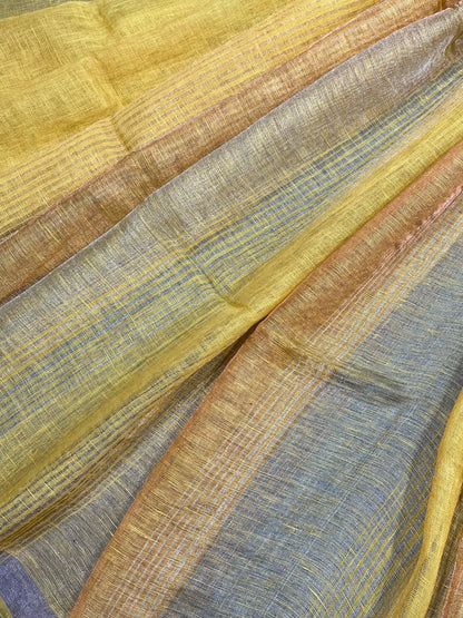 YELLOW PURE HANDLOOM LINEN TISSUE STRIPES SAREE