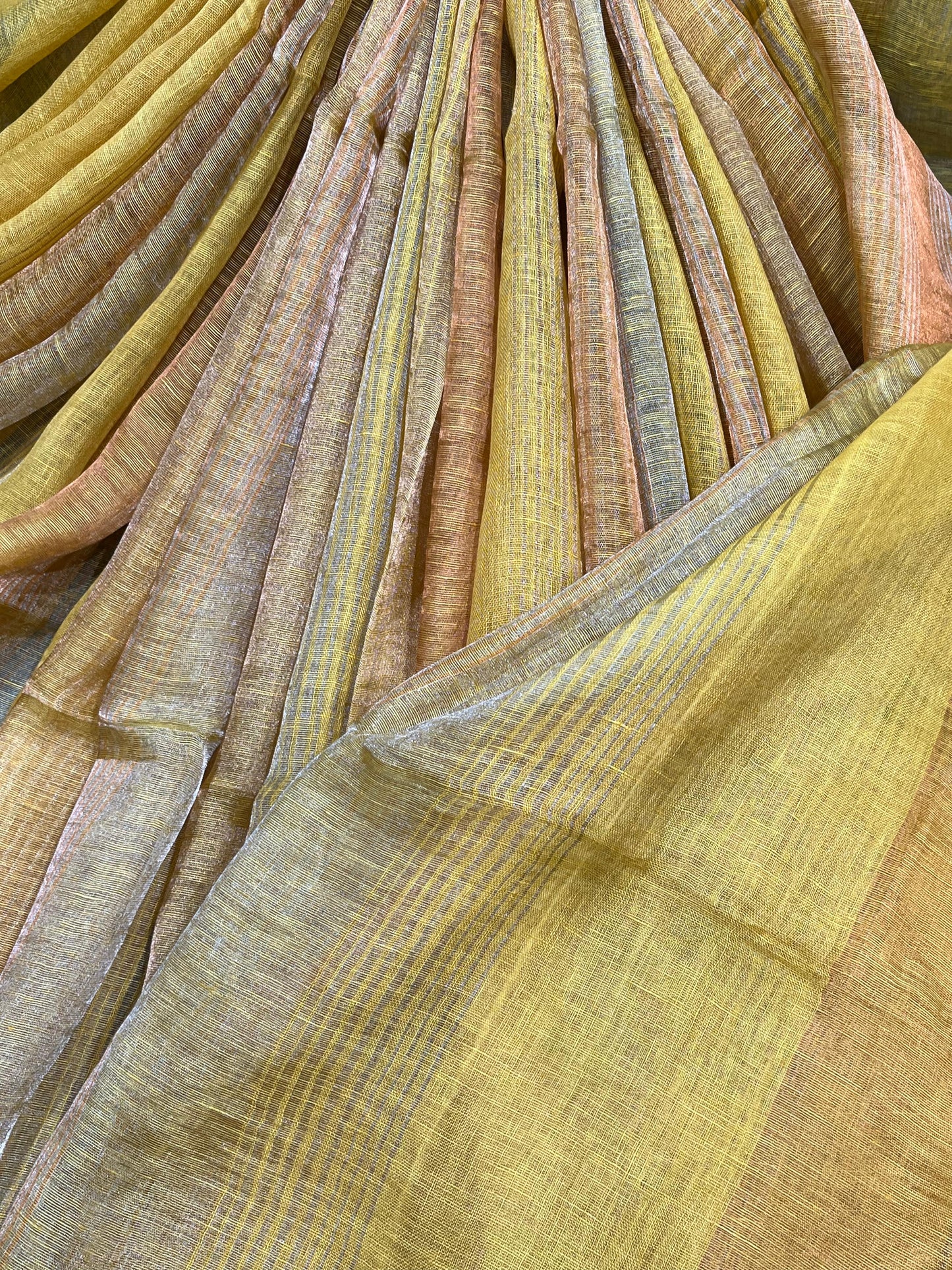 YELLOW PURE HANDLOOM LINEN TISSUE STRIPES SAREE
