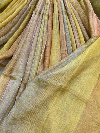 YELLOW PURE HANDLOOM LINEN TISSUE STRIPES SAREE