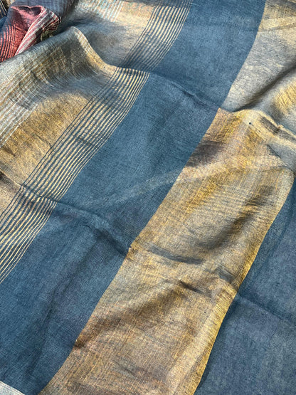 TEAL BLUE PURE HANDLOOM LINEN TISSUE STRIPES SAREE