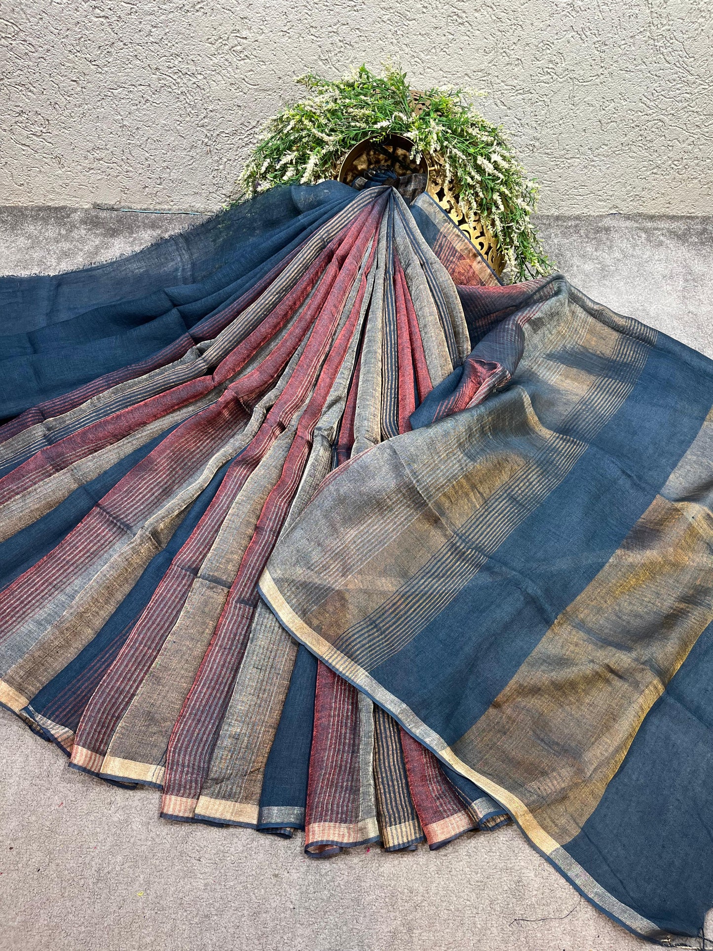 TEAL BLUE PURE HANDLOOM LINEN TISSUE STRIPES SAREE