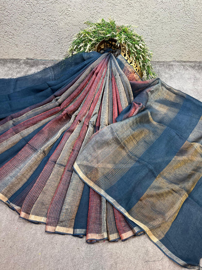 TEAL BLUE PURE HANDLOOM LINEN TISSUE STRIPES SAREE