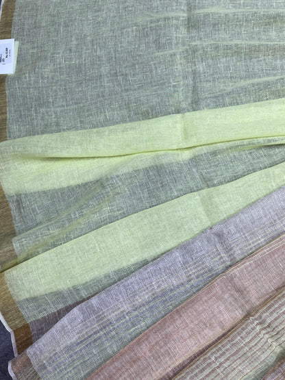 LIME GREEN PURE HANDLOOM LINEN TISSUE STRIPES SAREE