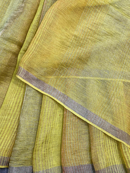 LIME YELLOW PURE HANDLOOM LINE TISSUE STRIPES SAREE