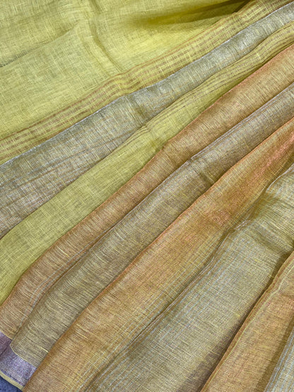 LIME YELLOW PURE HANDLOOM LINE TISSUE STRIPES SAREE