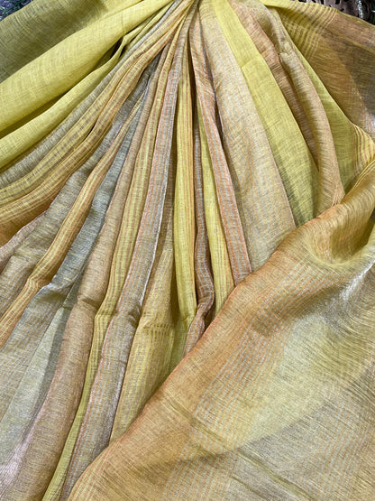 LIME YELLOW PURE HANDLOOM LINE TISSUE STRIPES SAREE