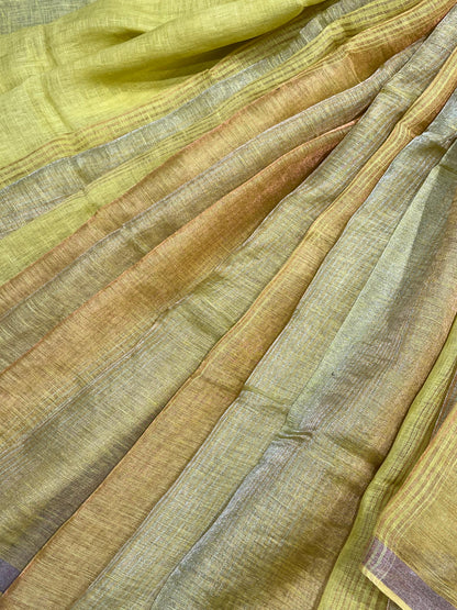 LIME YELLOW PURE HANDLOOM LINE TISSUE STRIPES SAREE