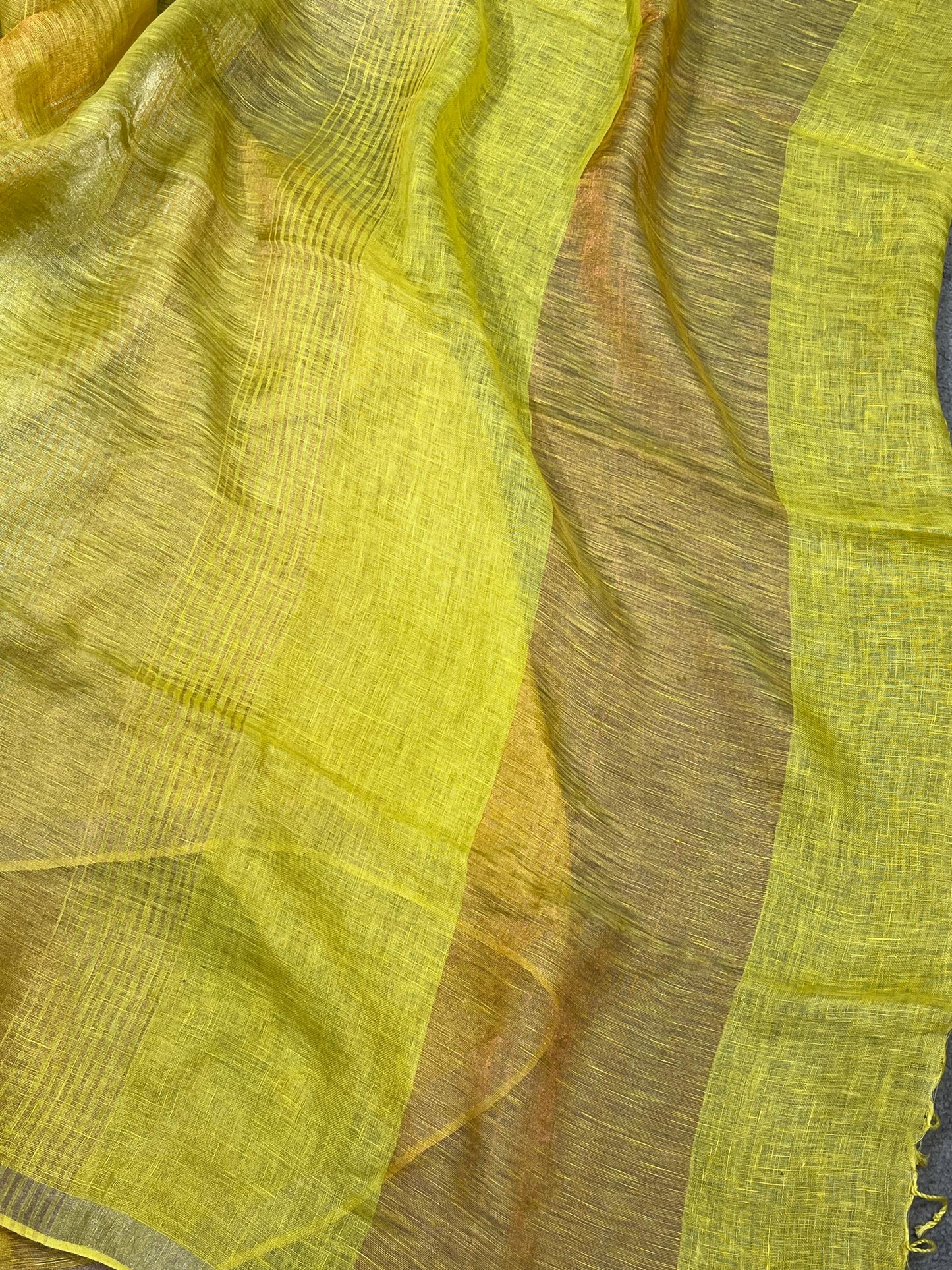 LIME YELLOW PURE HANDLOOM LINE TISSUE STRIPES SAREE