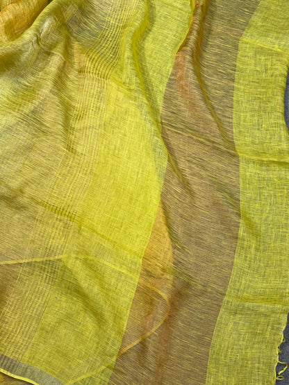 LIME YELLOW PURE HANDLOOM LINE TISSUE STRIPES SAREE