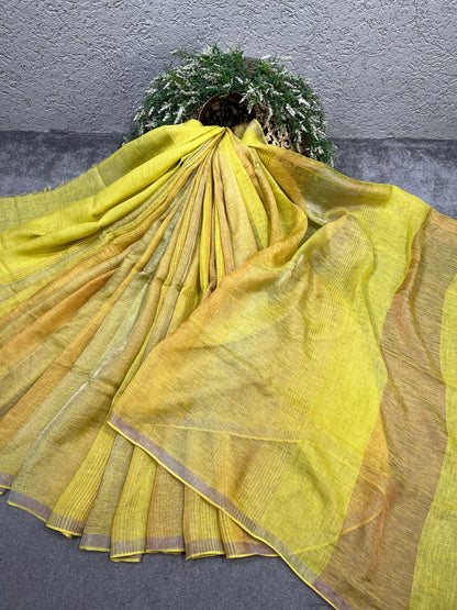 LIME YELLOW PURE HANDLOOM LINE TISSUE STRIPES SAREE