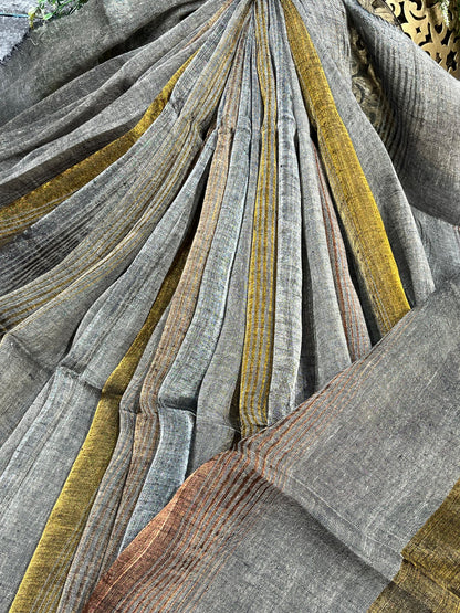 GREY PURE HANDLOOM LINEN TISSUE STRIPES SAREE