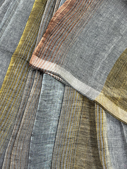 GREY PURE HANDLOOM LINEN TISSUE STRIPES SAREE