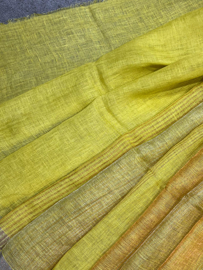 LIME YELLOW PURE HANDLOOM LINE TISSUE STRIPES SAREE