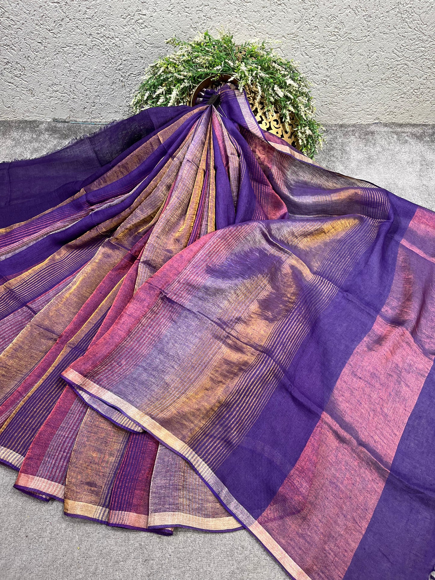 PURPLE PURE HANDLOOM LINEN TISSUE STRIPES SAREE