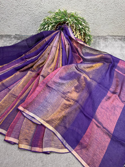 PURPLE PURE HANDLOOM LINEN TISSUE STRIPES SAREE