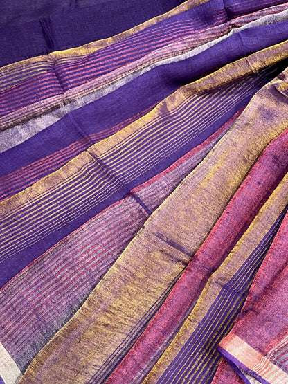 PURPLE PURE HANDLOOM LINEN TISSUE STRIPES SAREE