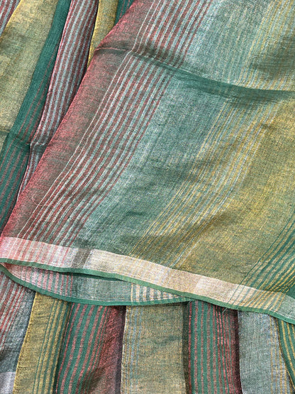 EMERALD GREEN PURE HANDLOOM LINEN TISSUE STRIPES SAREE