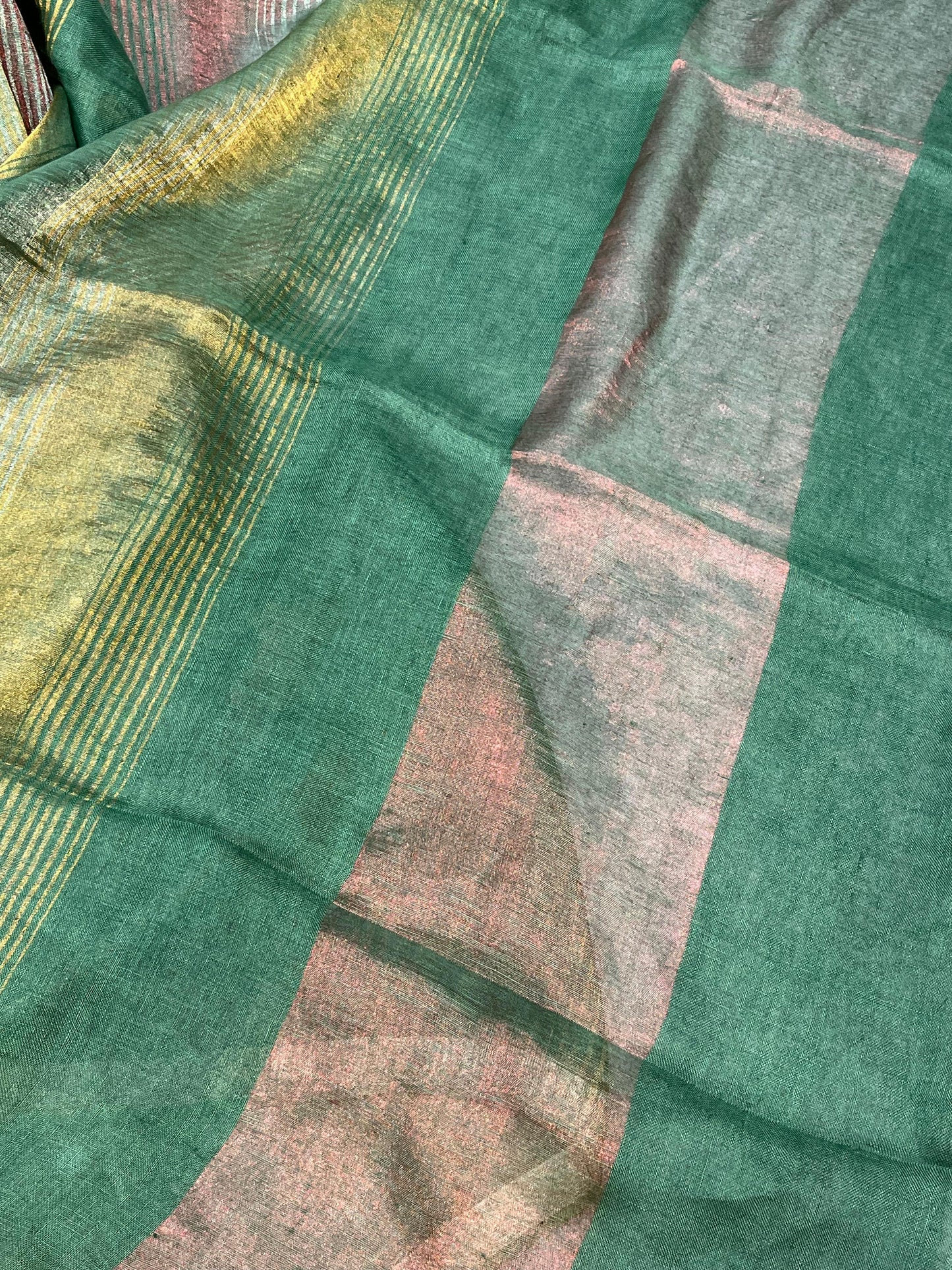 EMERALD GREEN PURE HANDLOOM LINEN TISSUE STRIPES SAREE