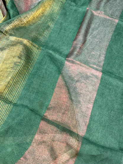 EMERALD GREEN PURE HANDLOOM LINEN TISSUE STRIPES SAREE