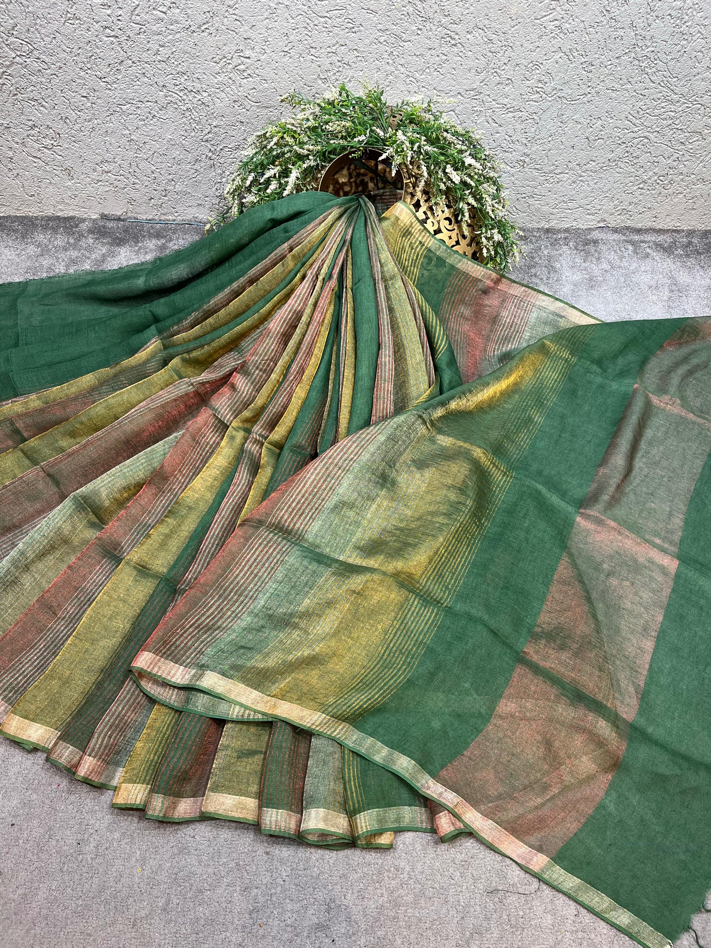 EMERALD GREEN PURE HANDLOOM LINEN TISSUE STRIPES SAREE