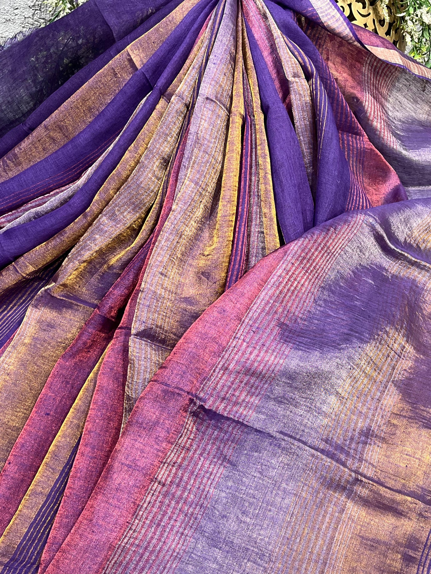 PURPLE PURE HANDLOOM LINEN TISSUE STRIPES SAREE