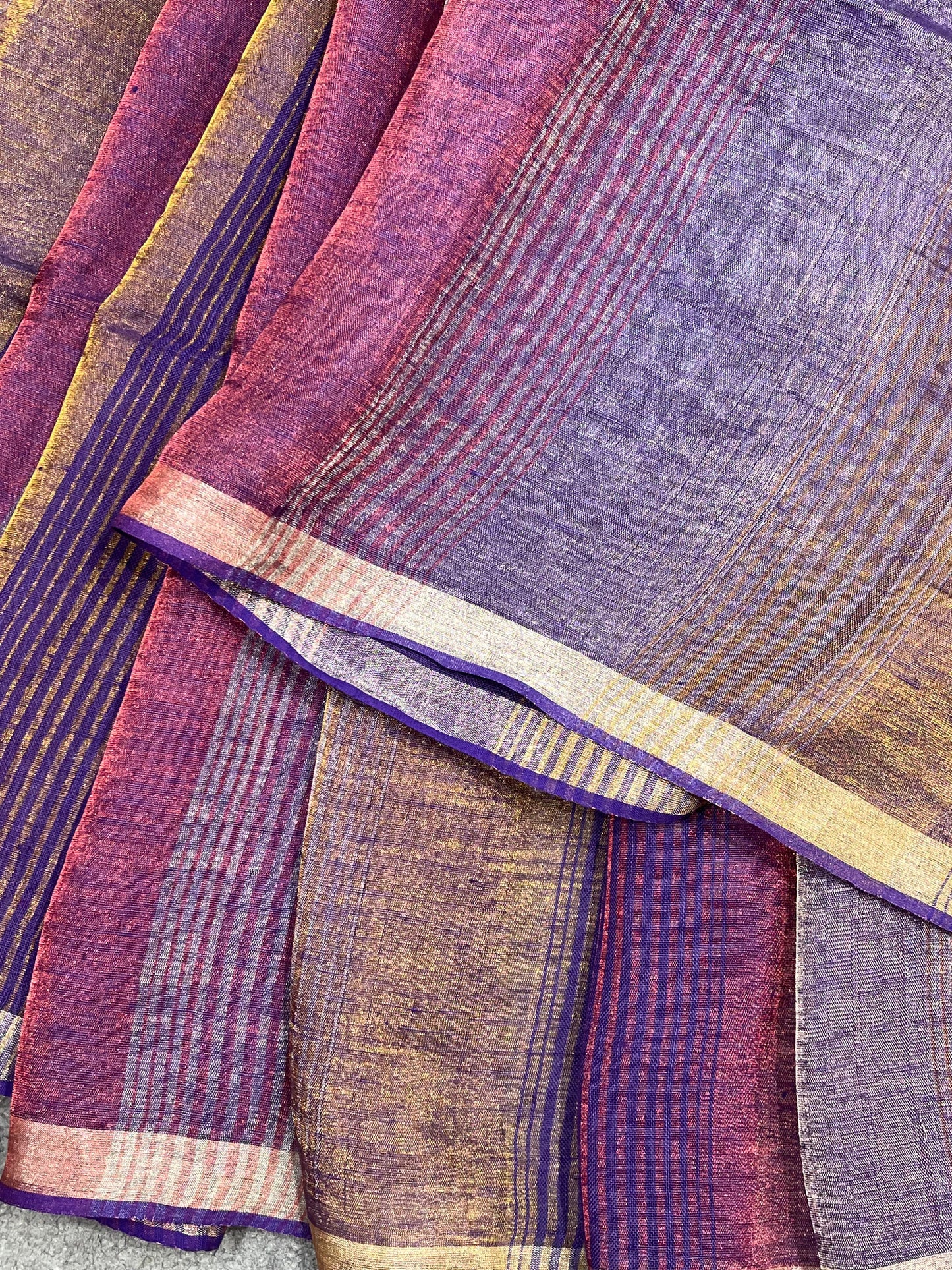 PURPLE PURE HANDLOOM LINEN TISSUE STRIPES SAREE