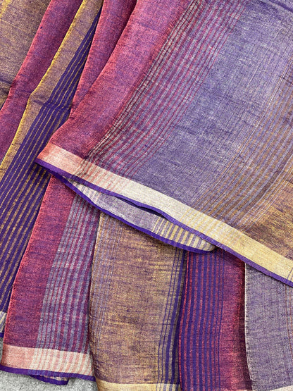 PURPLE PURE HANDLOOM LINEN TISSUE STRIPES SAREE