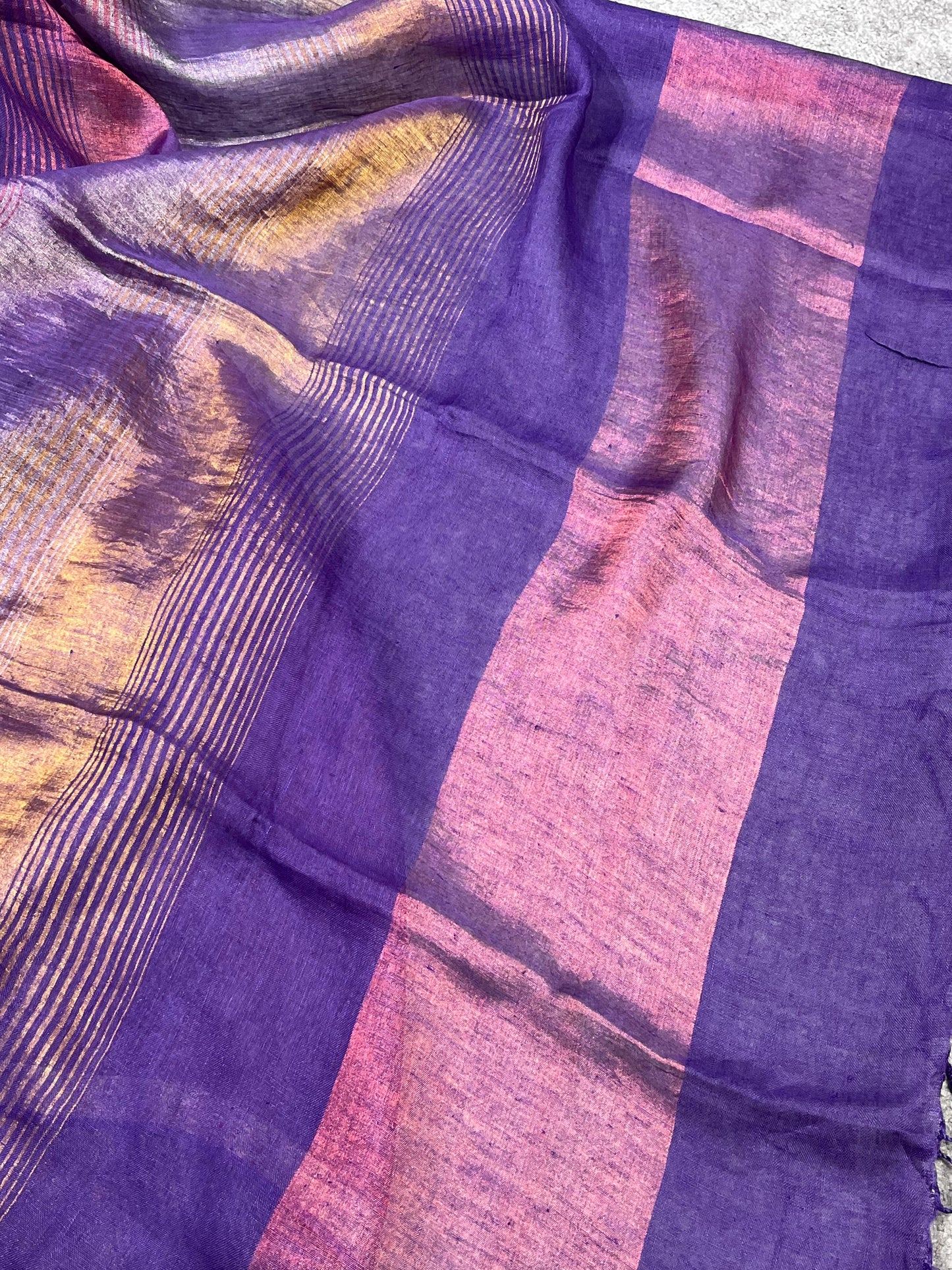 PURPLE PURE HANDLOOM LINEN TISSUE STRIPES SAREE